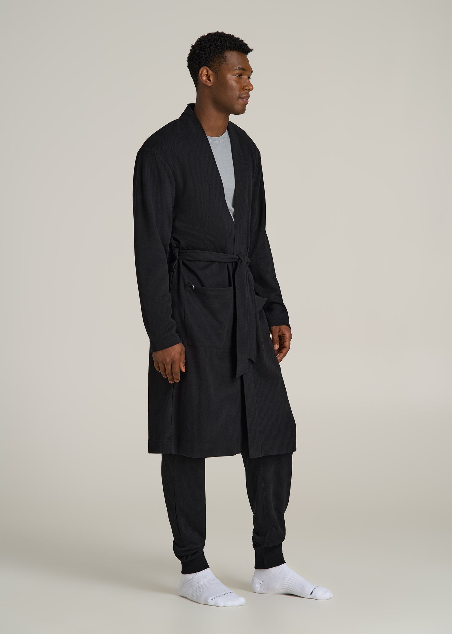 Waffle-Knit Lounge Robe for Tall Men in Black