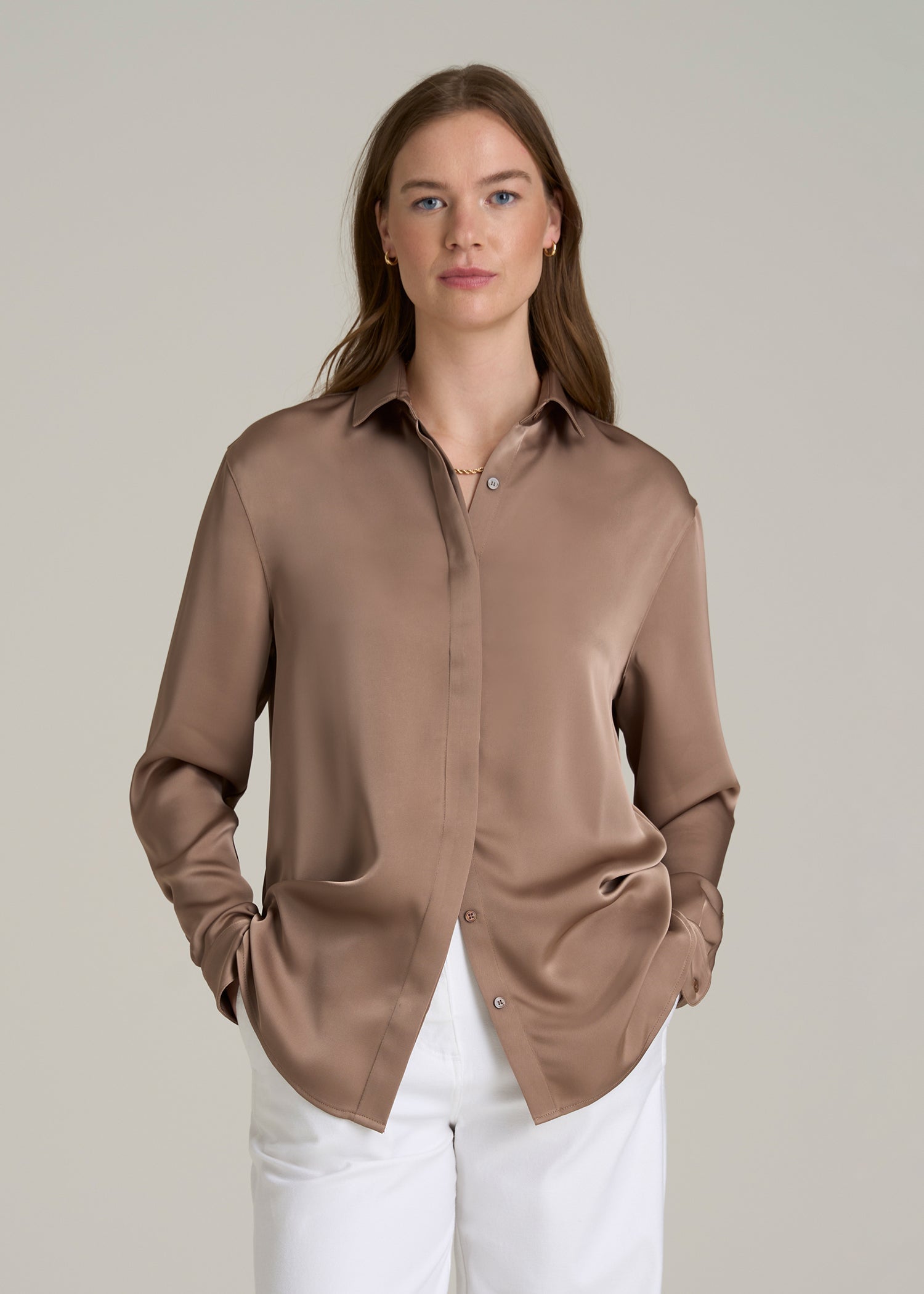 Relaxed Button-Up Blouse for Tall Women in Latte