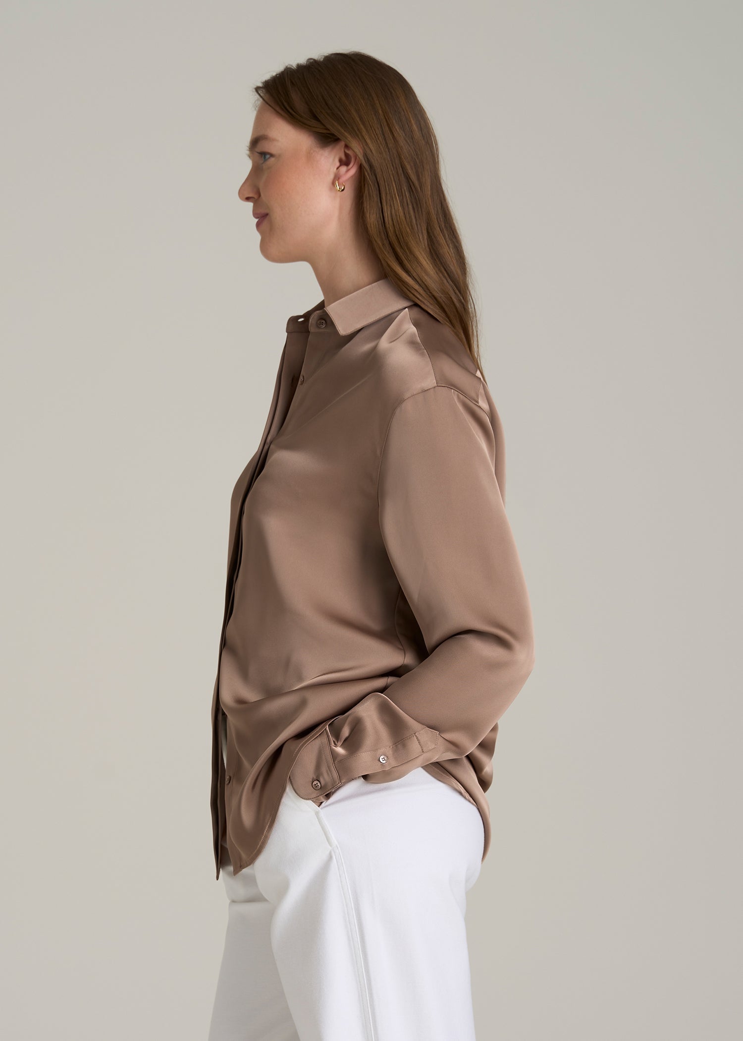 Relaxed Button-Up Blouse for Tall Women in Latte