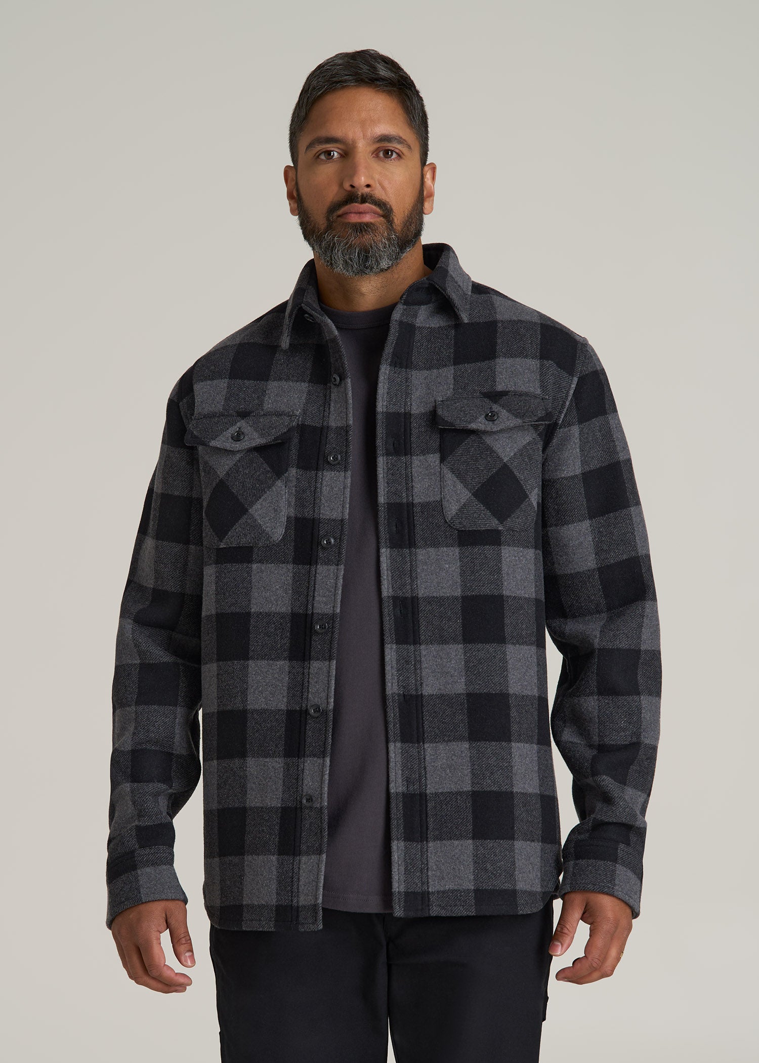 LJ&S Wool Blend Shirt Jacket for Tall Men in Black and Grey Check