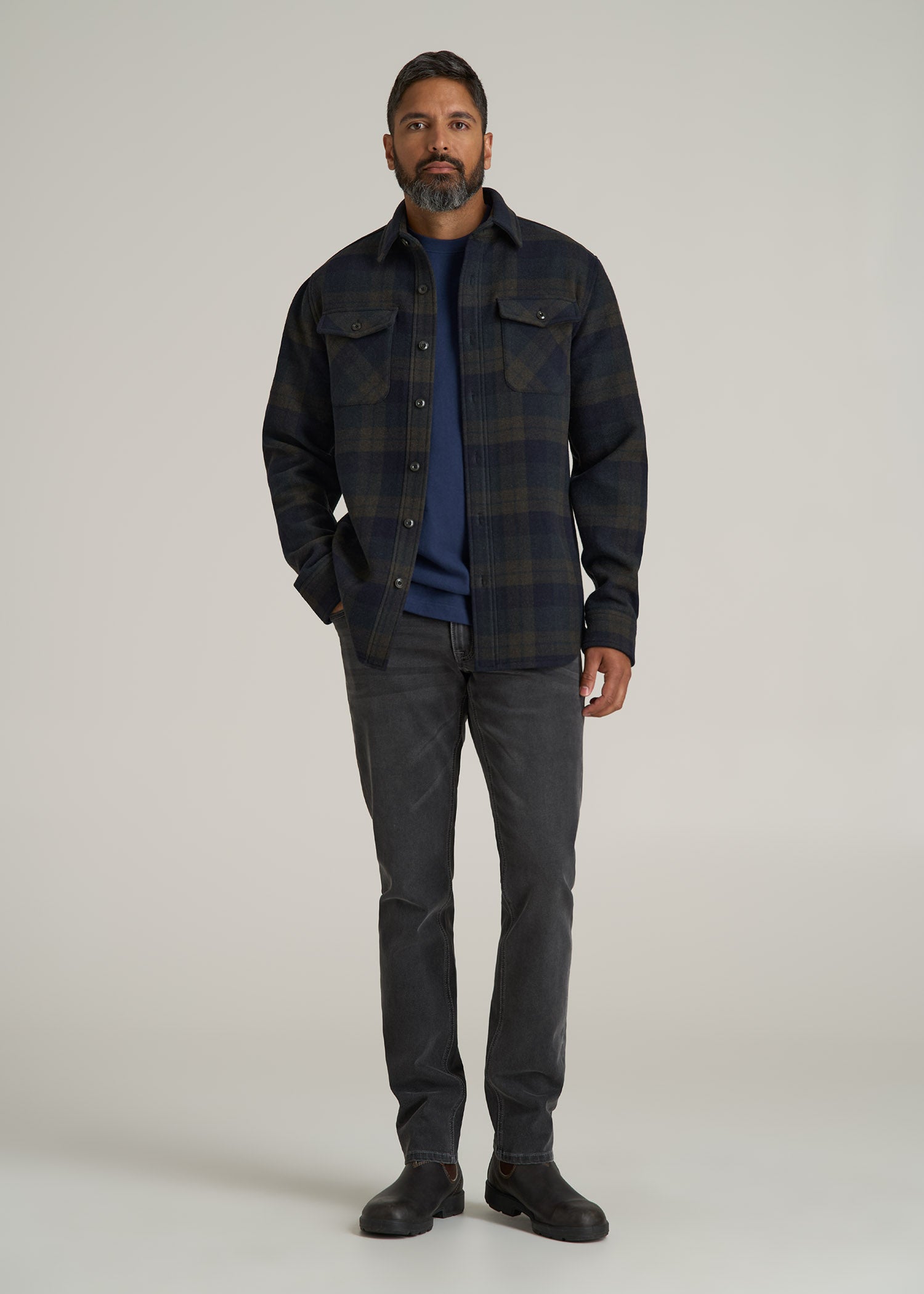 LJ&S Wool Blend Shirt Jacket for Tall Men in Green and Navy Plaid