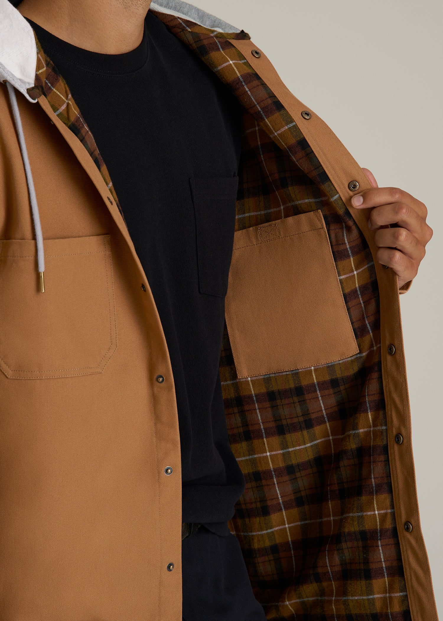 LJ&S Flannel-Lined Canvas Shirt Jacket for Tall Men in Vintage Tan