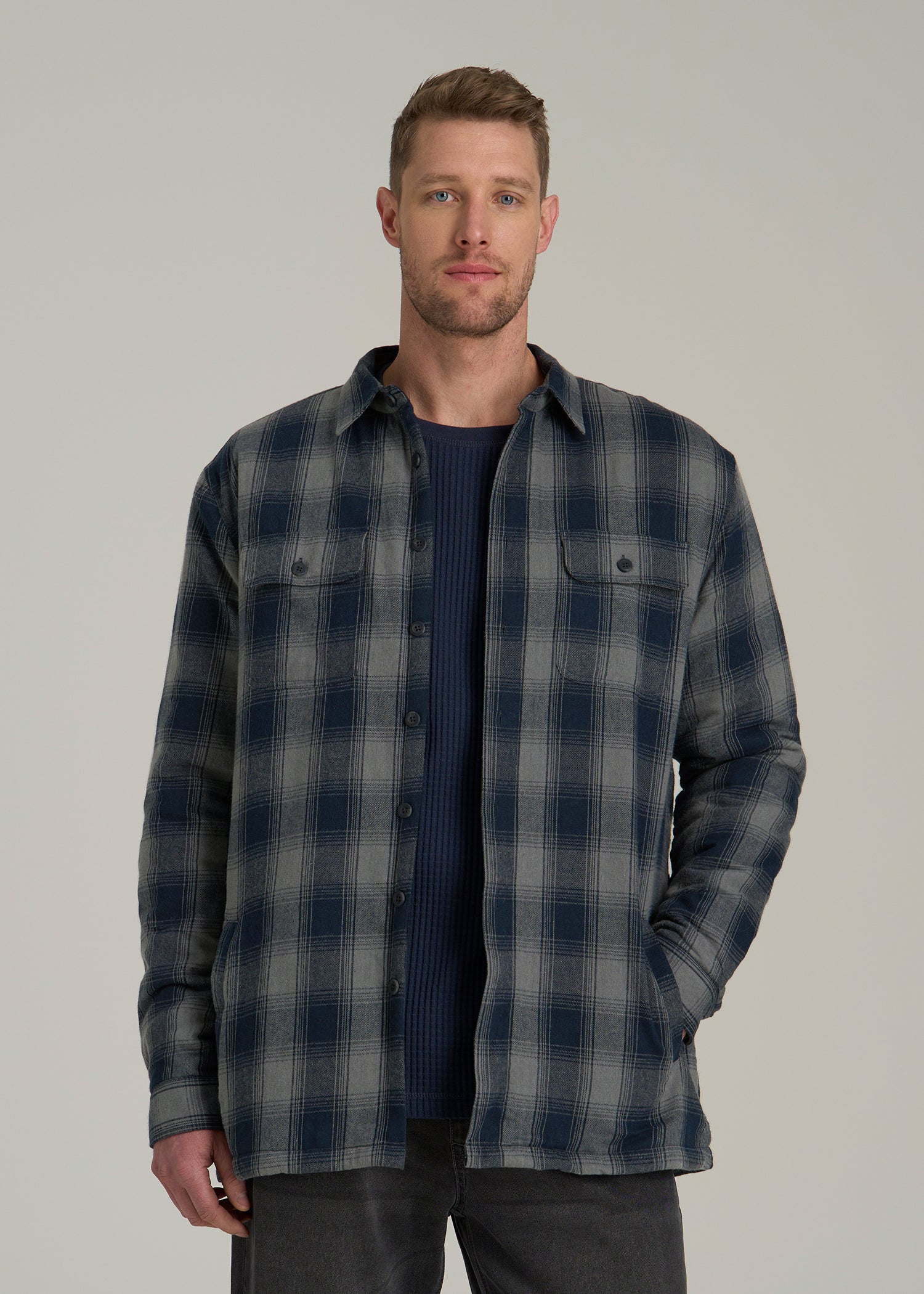 LJ&S Sherpa-Lined Shirt Jacket for Tall Men in Midnight Navy & Medium Grey Plaid