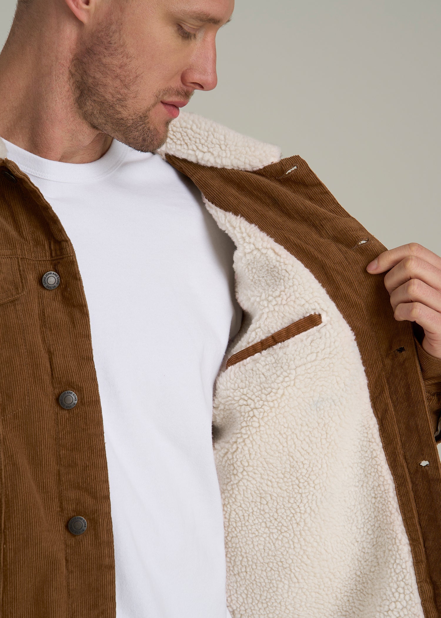 LJ&S Sherpa Corduroy Trucker Jacket for Tall Men in Tan Brown