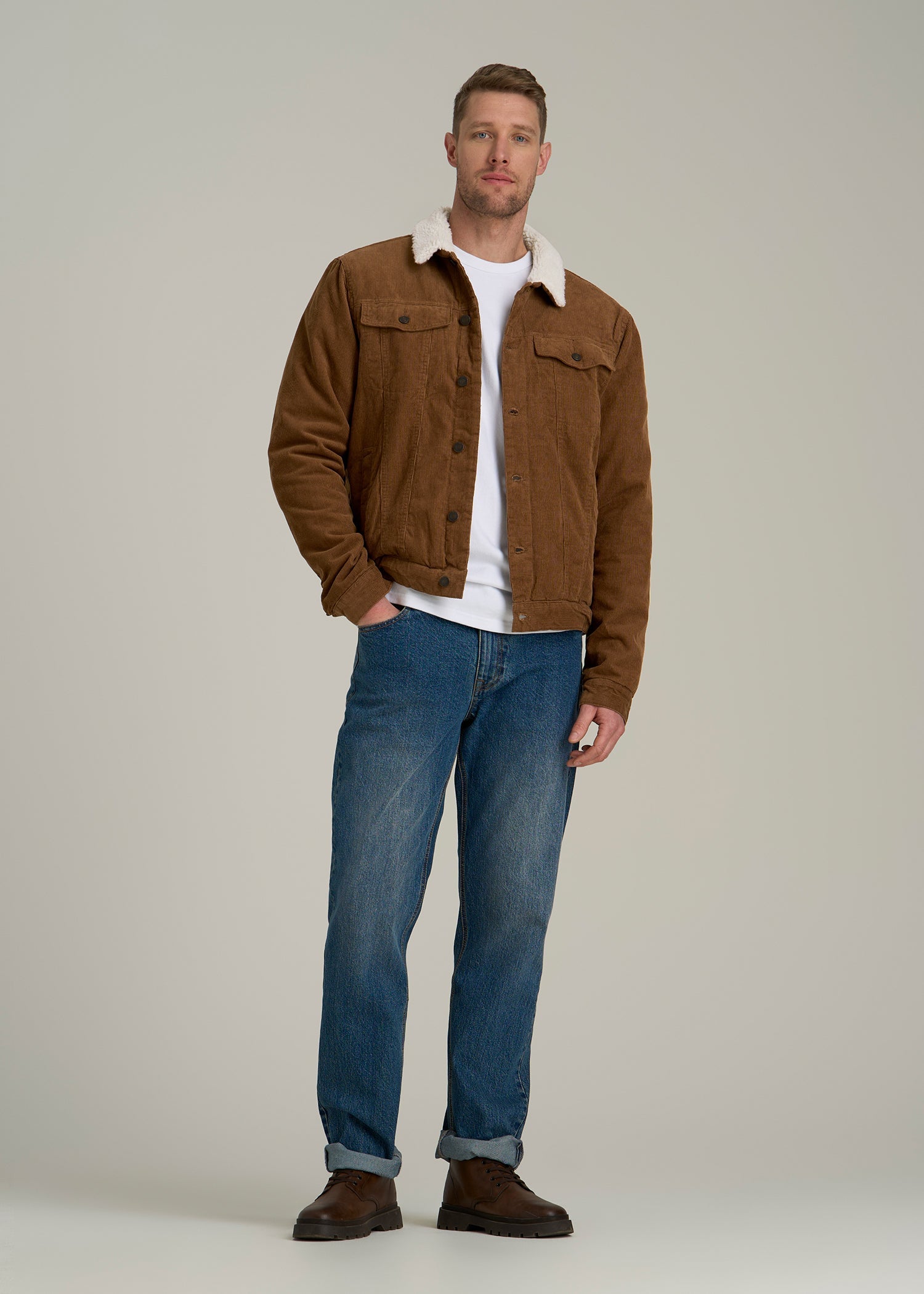 LJ&S Sherpa Corduroy Trucker Jacket for Tall Men in Tan Brown