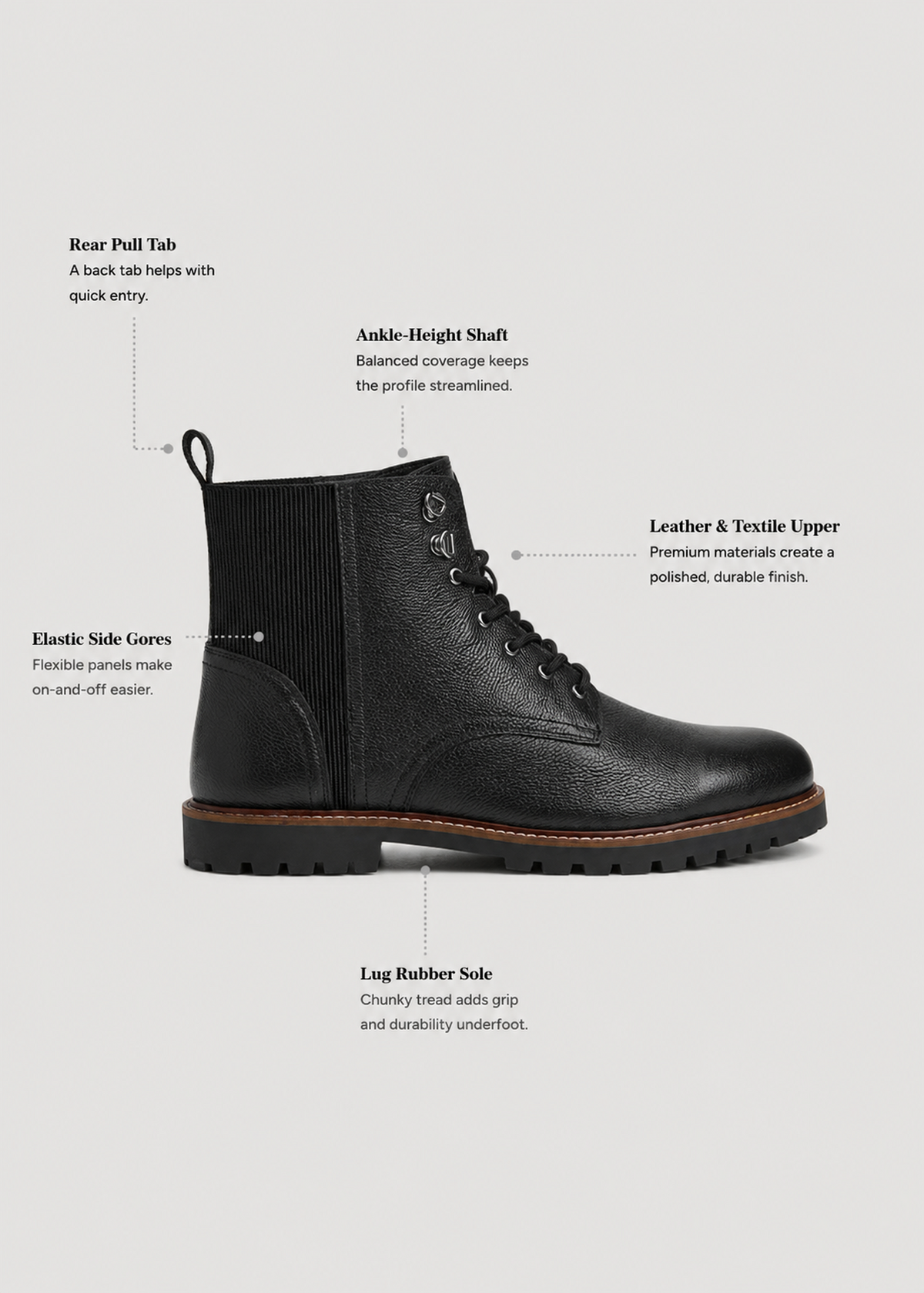 Pebbled Leather Lace-Up Boots for Tall Men in Black