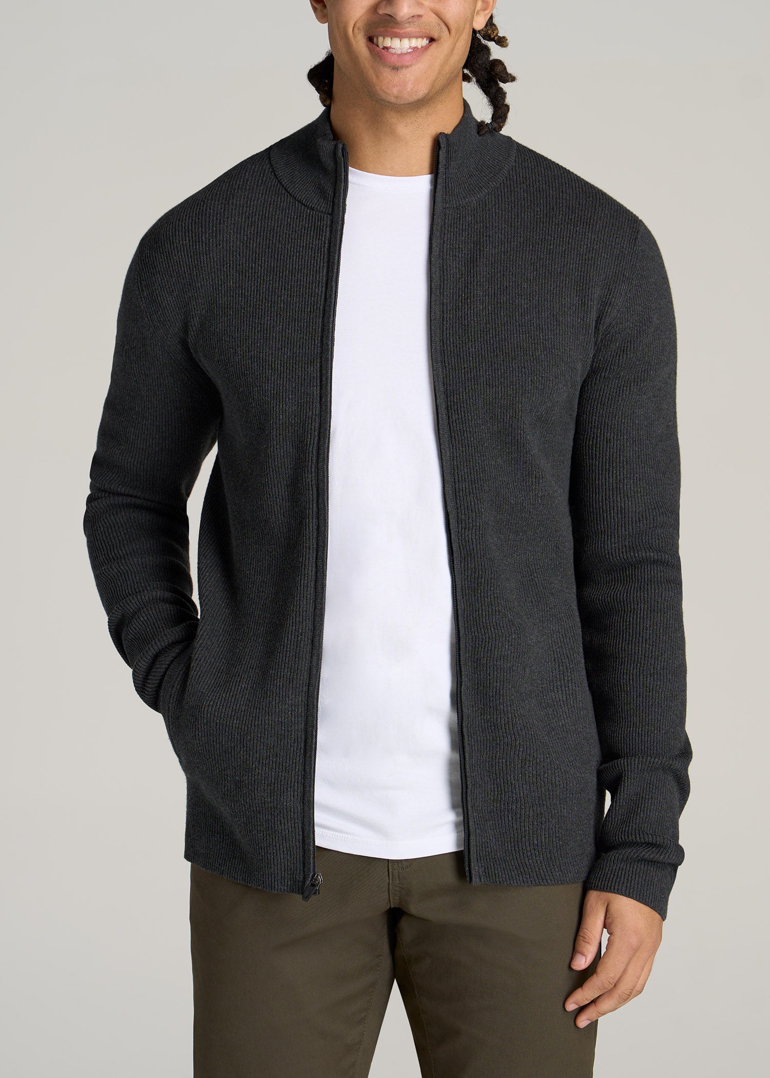 Men's Tall Full Zip Sweater in Charcoal Mix