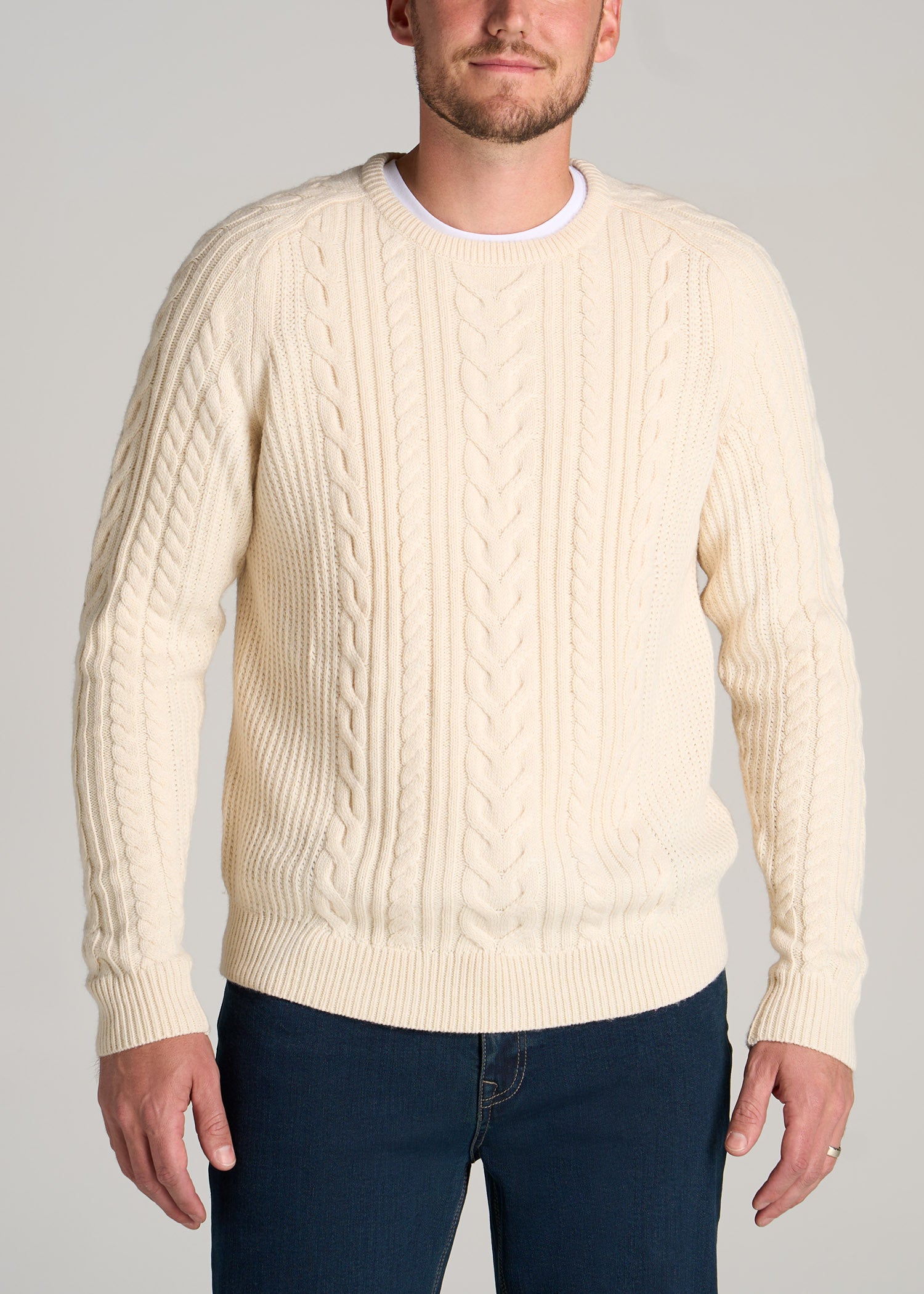 Heavy Cable Knit Tall Men's Sweater in Almond