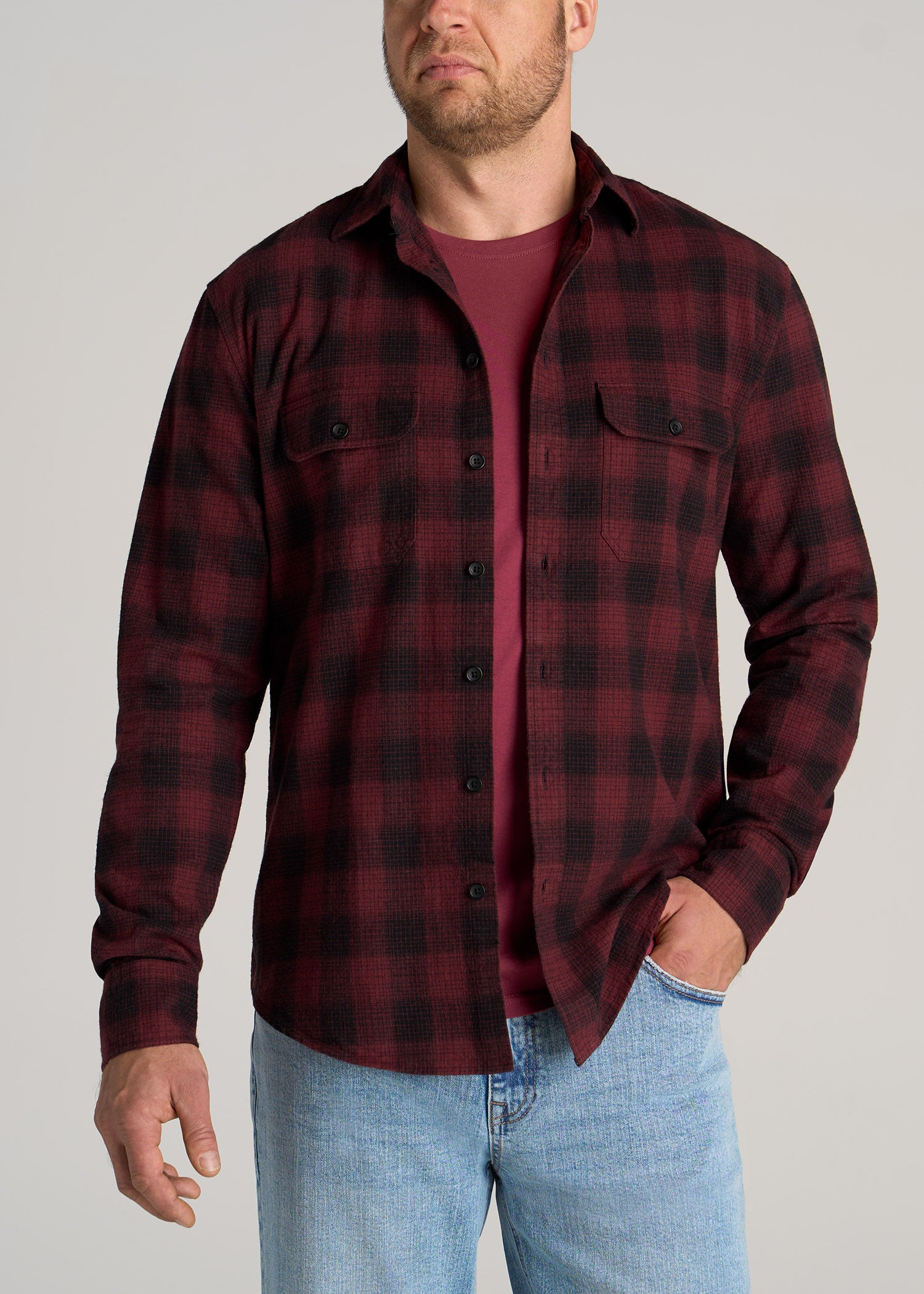LJ&S Men's Tall Heavy Flannel Shirt in Army Plaid-Black & Sumac Red S / Tall / Army Plaid-Black & Sumac Red