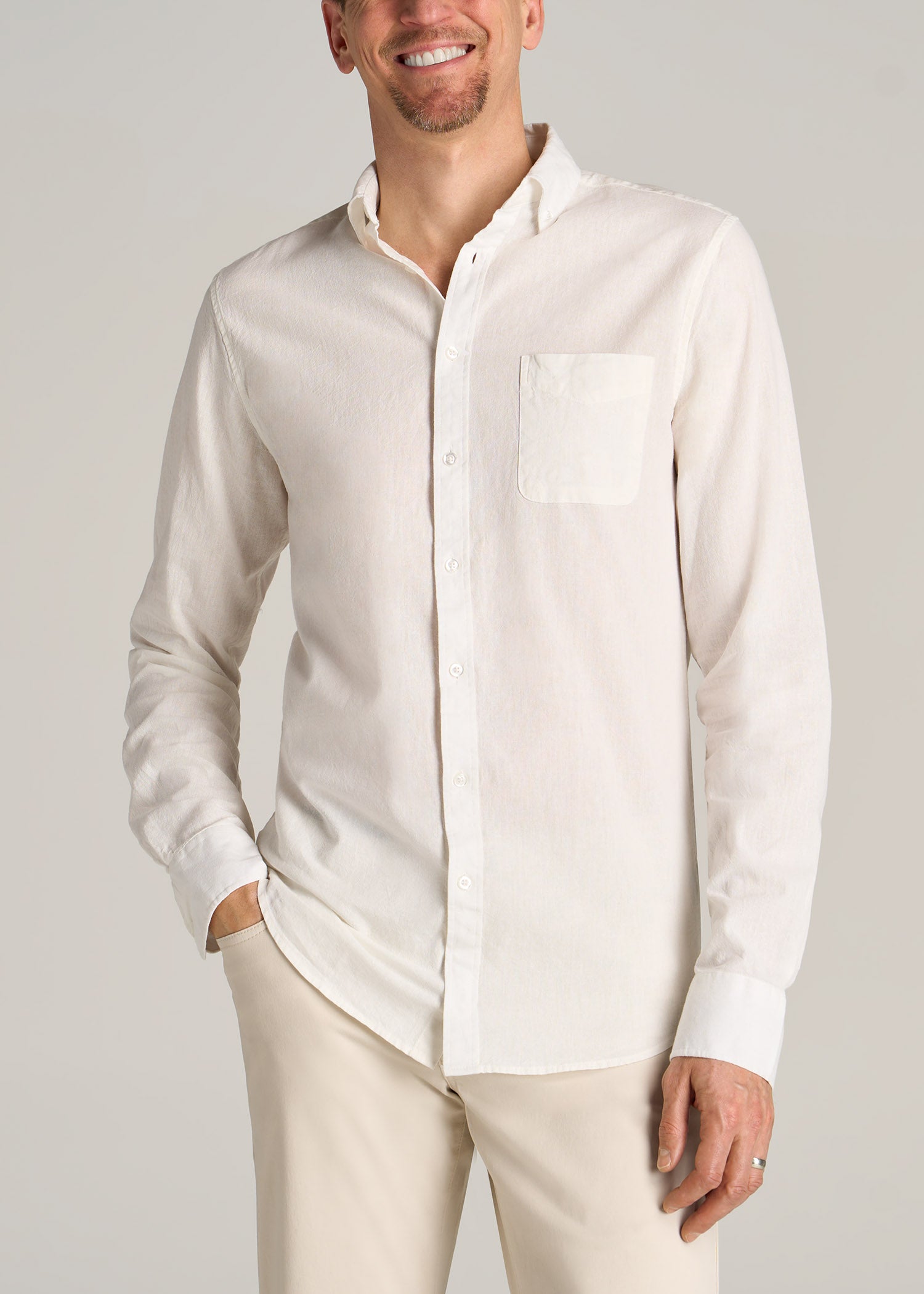 Linen Long Sleeve Shirt for Tall Men in Bright White