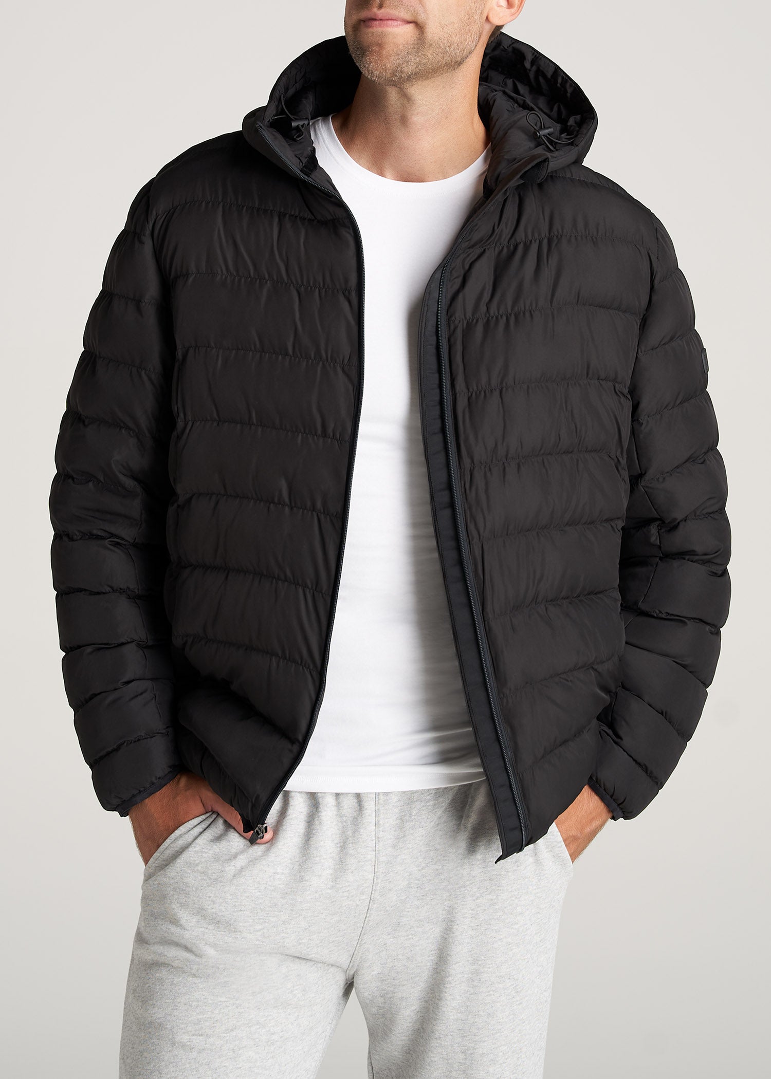 Medium-Weight Tall Puffer Jacket for Men in Black