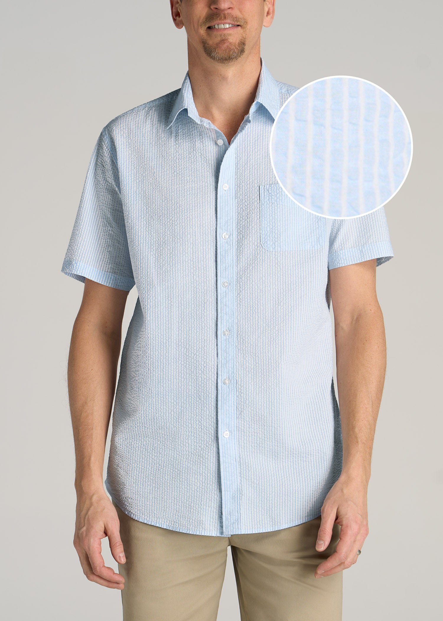Seersucker Tall Men's Short Sleeve Shirt in Light Blue Stripe