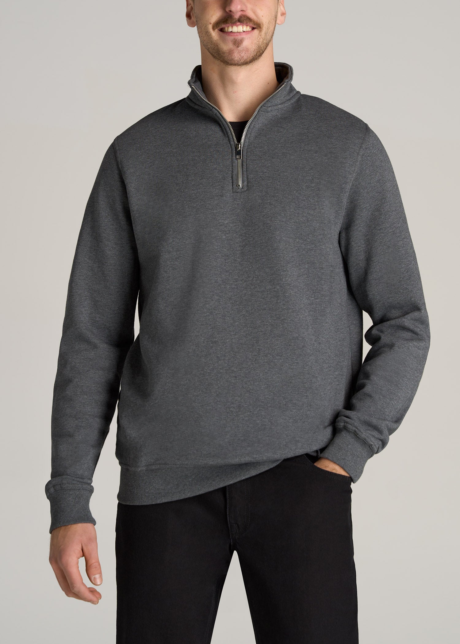http://americantall.com/cdn/shop/products/American-Tall-Men-Wearever-Fleece-Quarter-Zip-Sweatshirt-Charcoal-Mix-front.jpg?v=1672862862