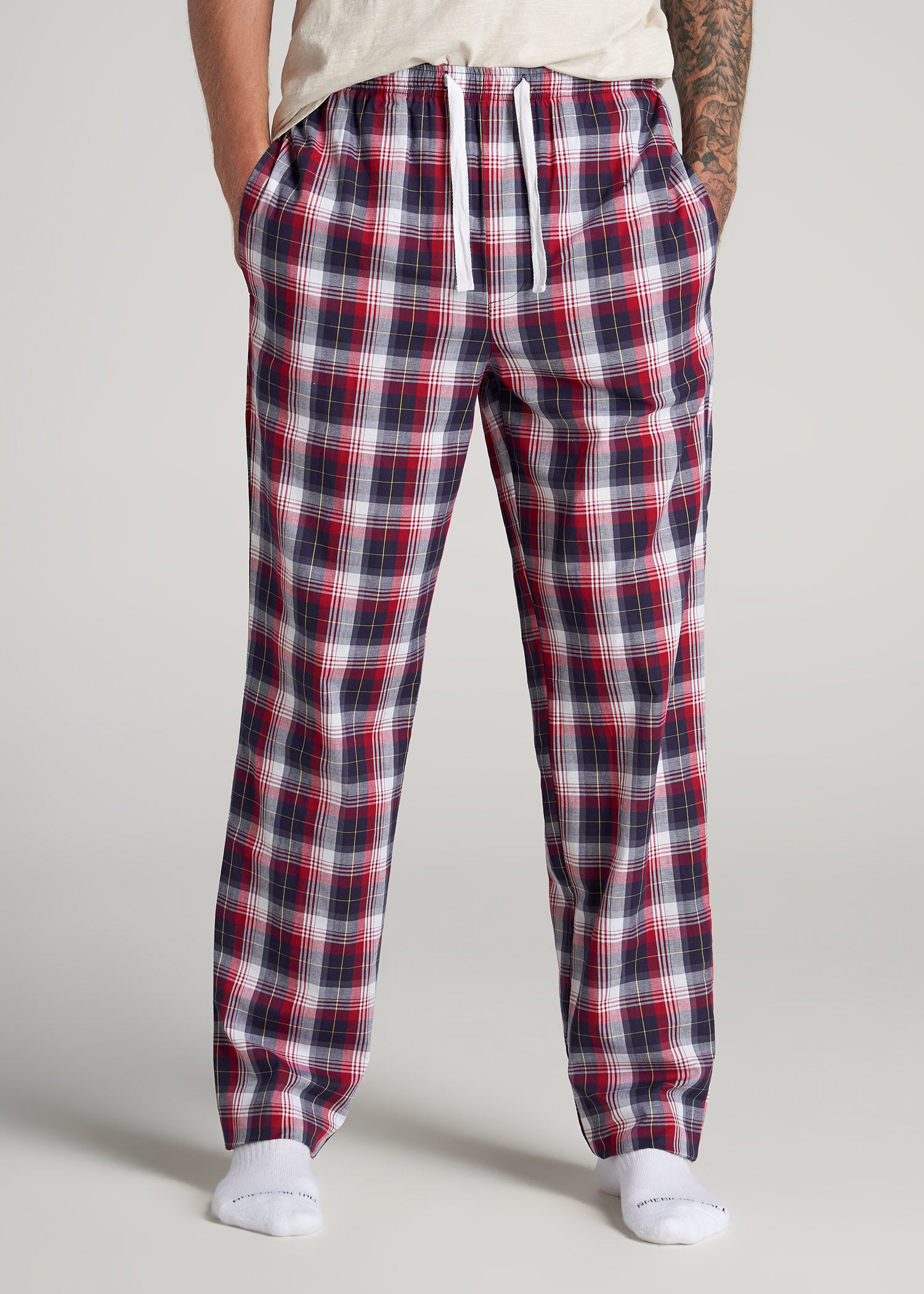 Woven Pajama Pants for Tall Men in Dark Blue & Red Plaid