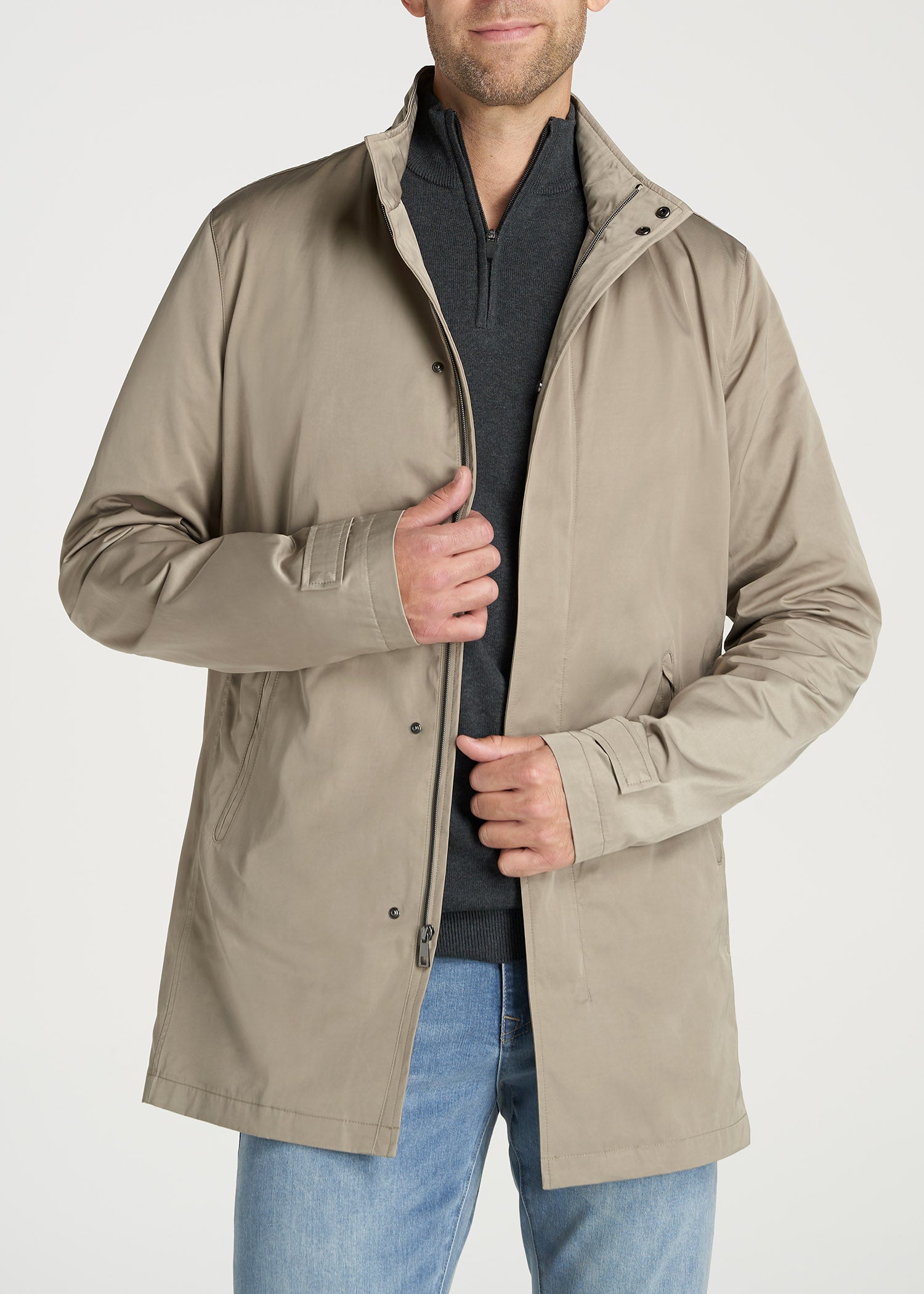 Mens Casual Mid Long Denim Jacket Pocket Jean Trench Lapel Coat Tops Spring  Fall