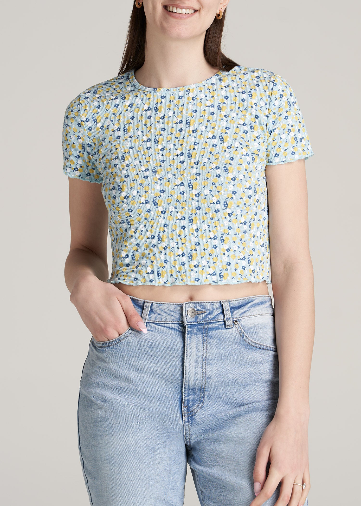 Women's Cropped Waffle Tee Blue Floral | American