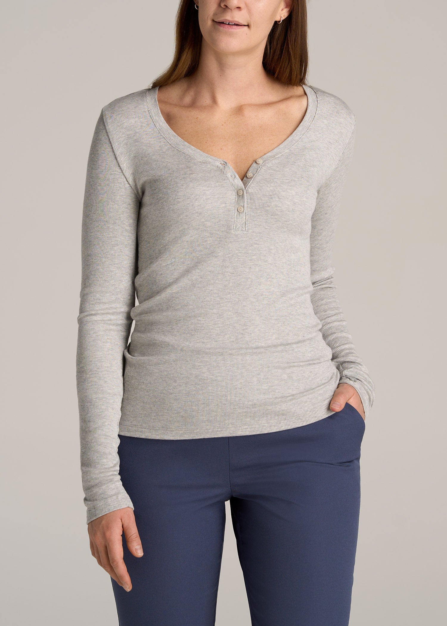Tall Women's FITTED Ribbed Long Sleeve Henley in Grey Mix