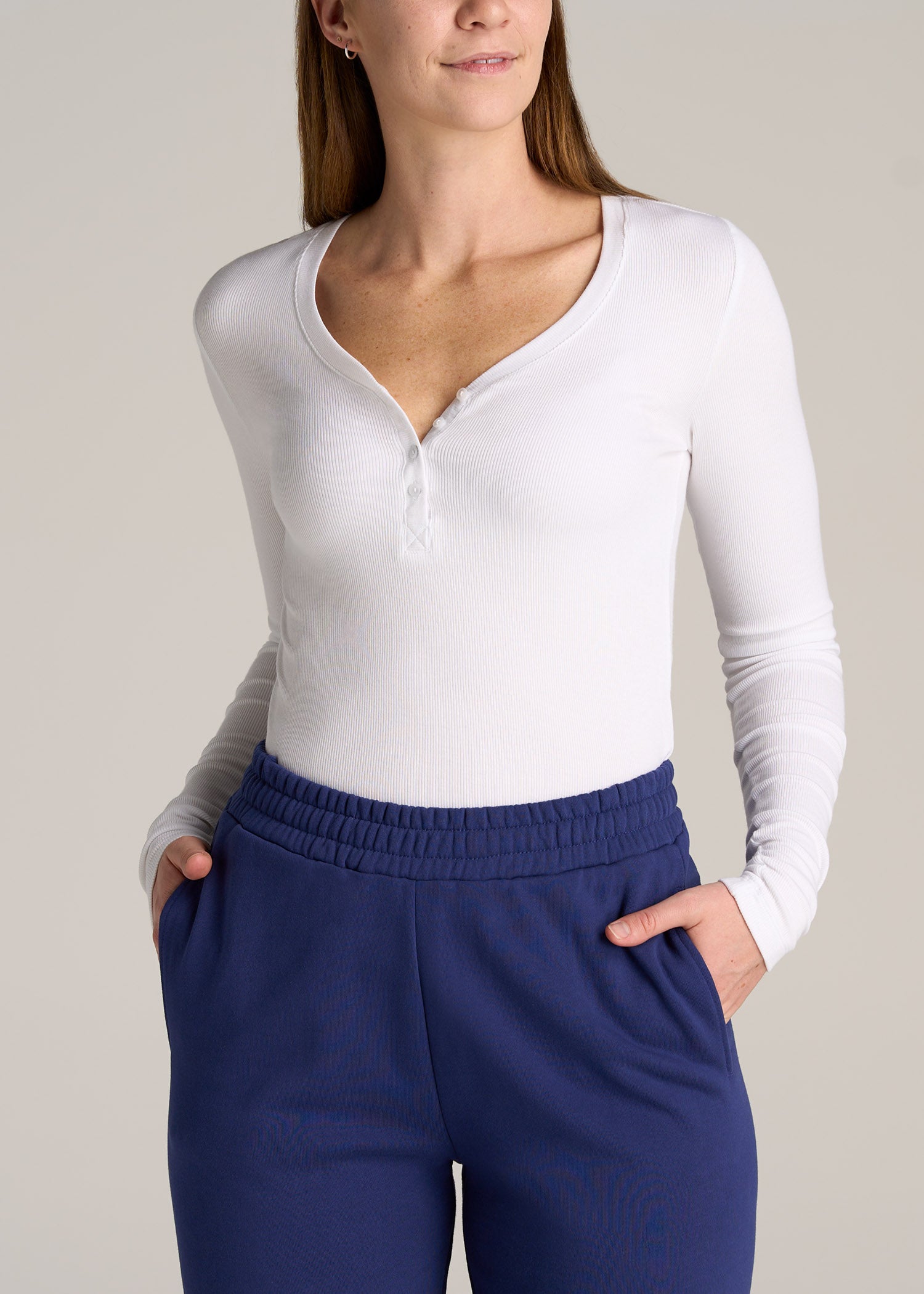 Women Tall Ribbed Long Sleeve Henley White | American Tall