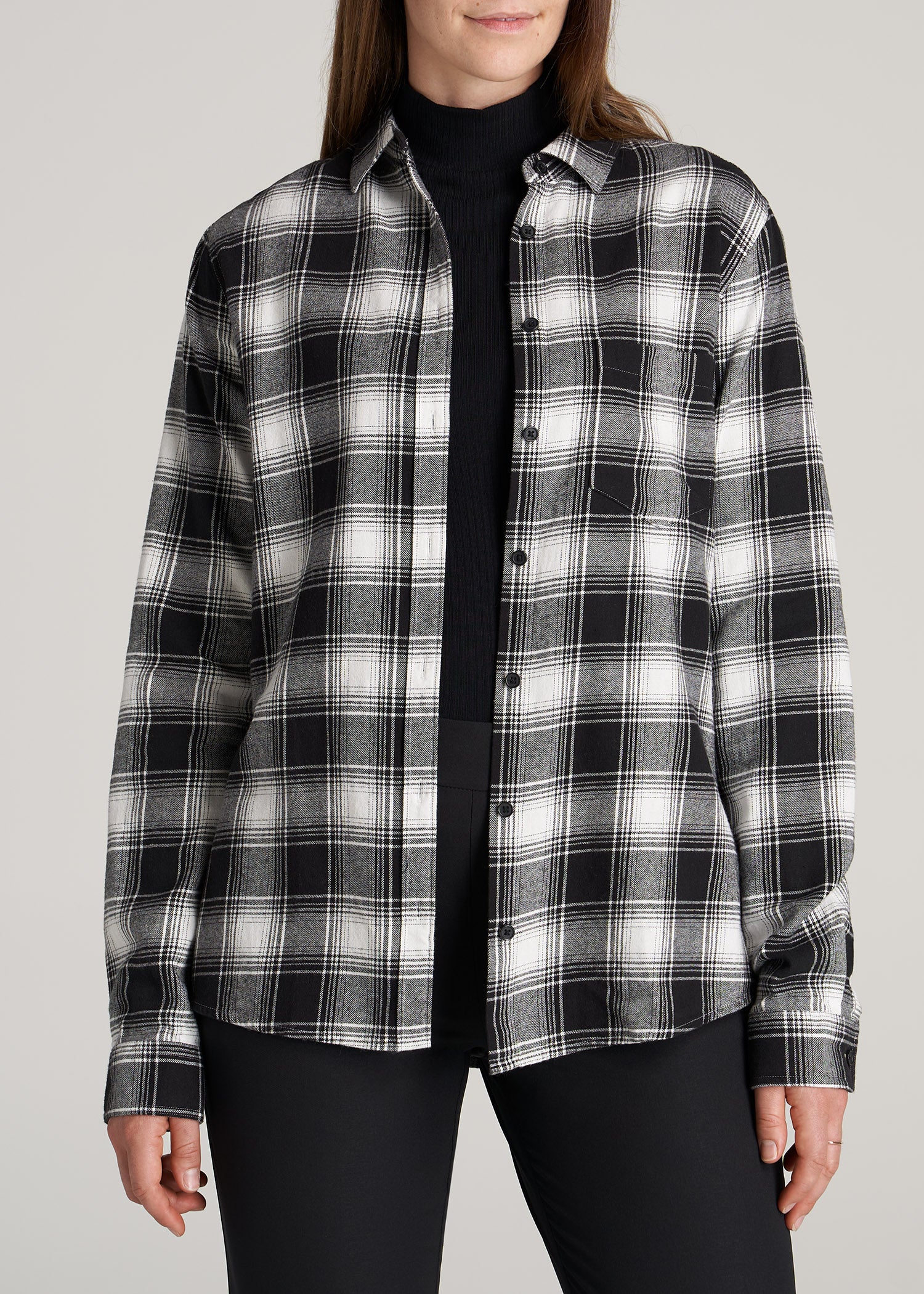 Flannel Button-Up Shirt for Tall Women in Black & White Plaid S / Extra Tall / Black & White Plaid