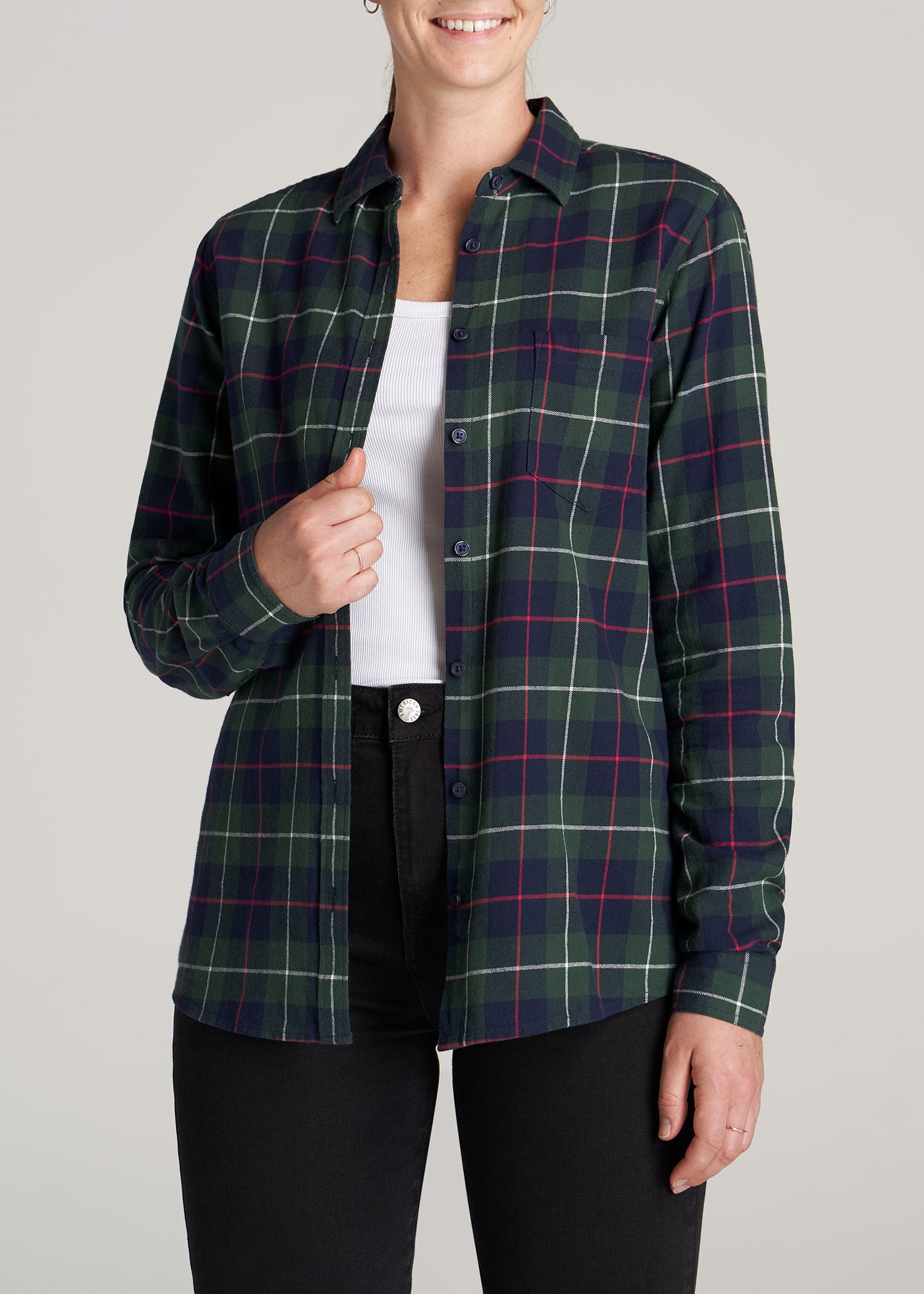 Flannel Button-Up Shirt for Tall Women in Green & Blue Plaid