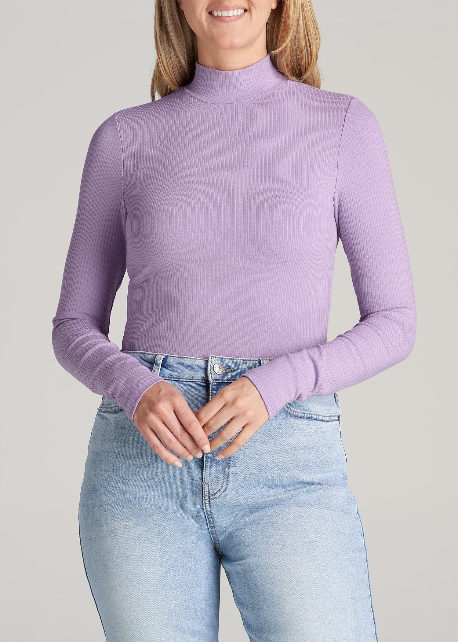 Long Sleeve Mock Neck Ribbed Top for Tall Women in Lavender Frost