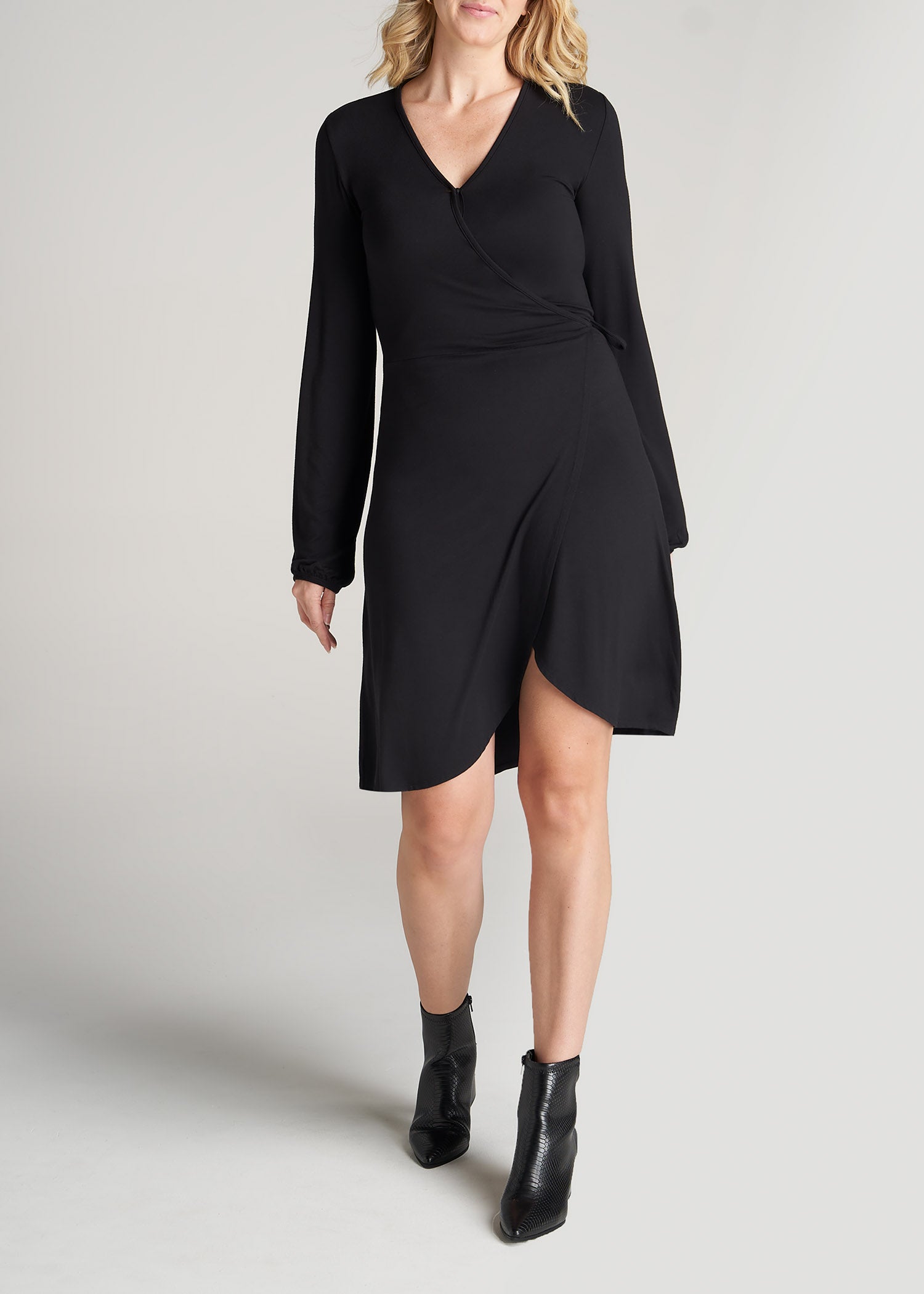 Long Sleeve Jersey Wrap Dress for Tall Women in Black