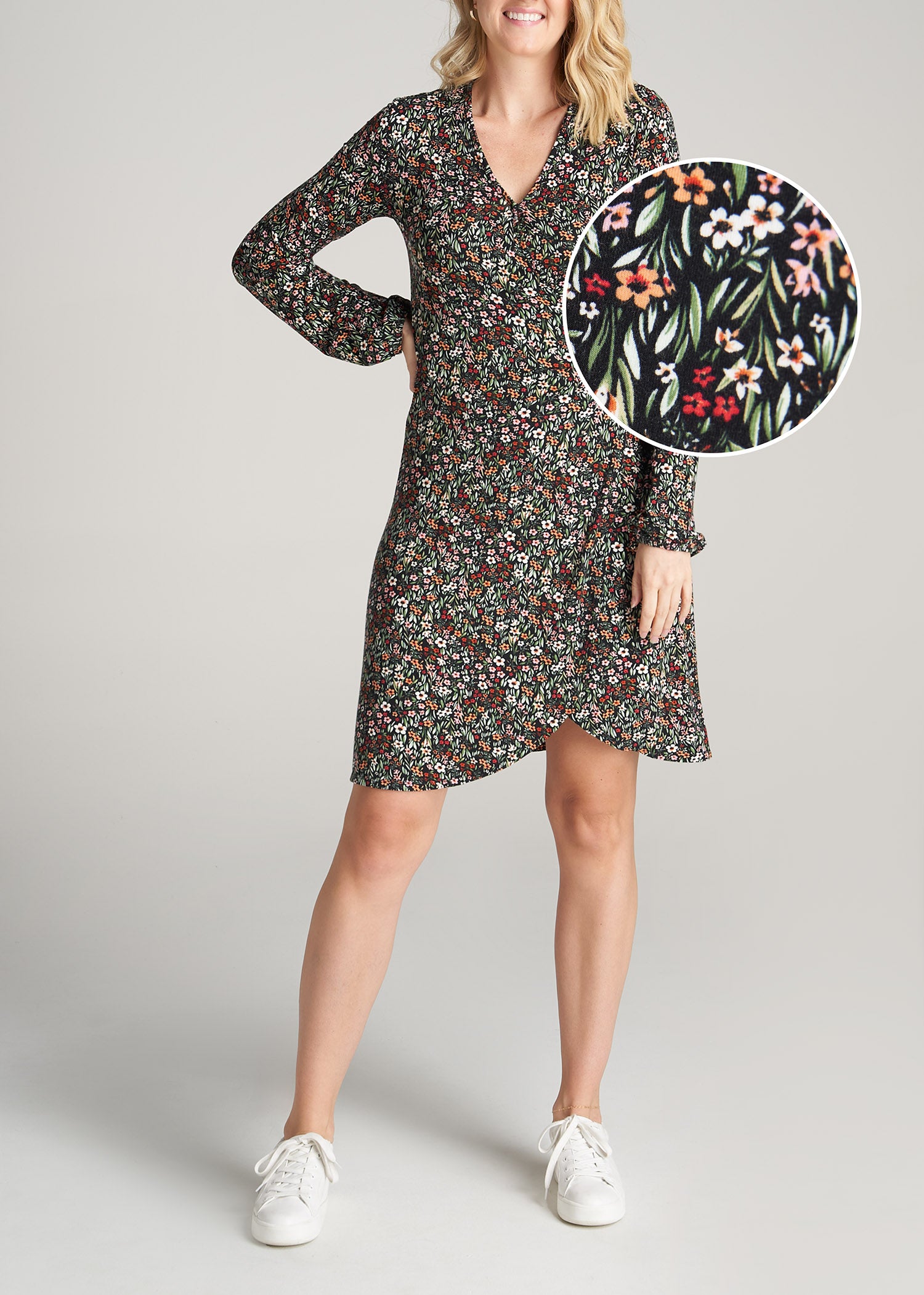 Long Sleeve Jersey Wrap Dress for Tall Women in Black Floral