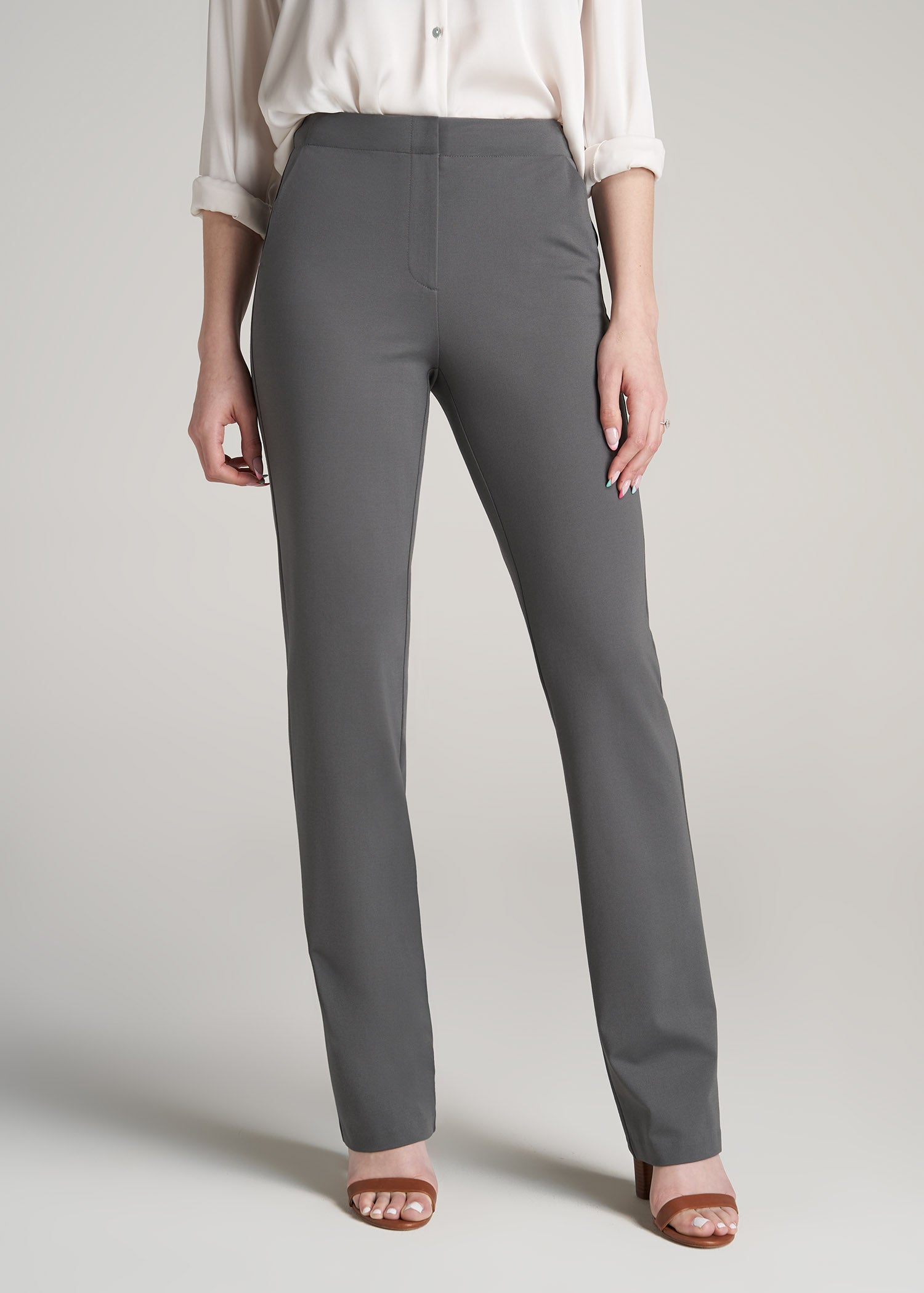 Slim Fit Ladies Gray Pants Light Grey Solid Ankle Length Formal