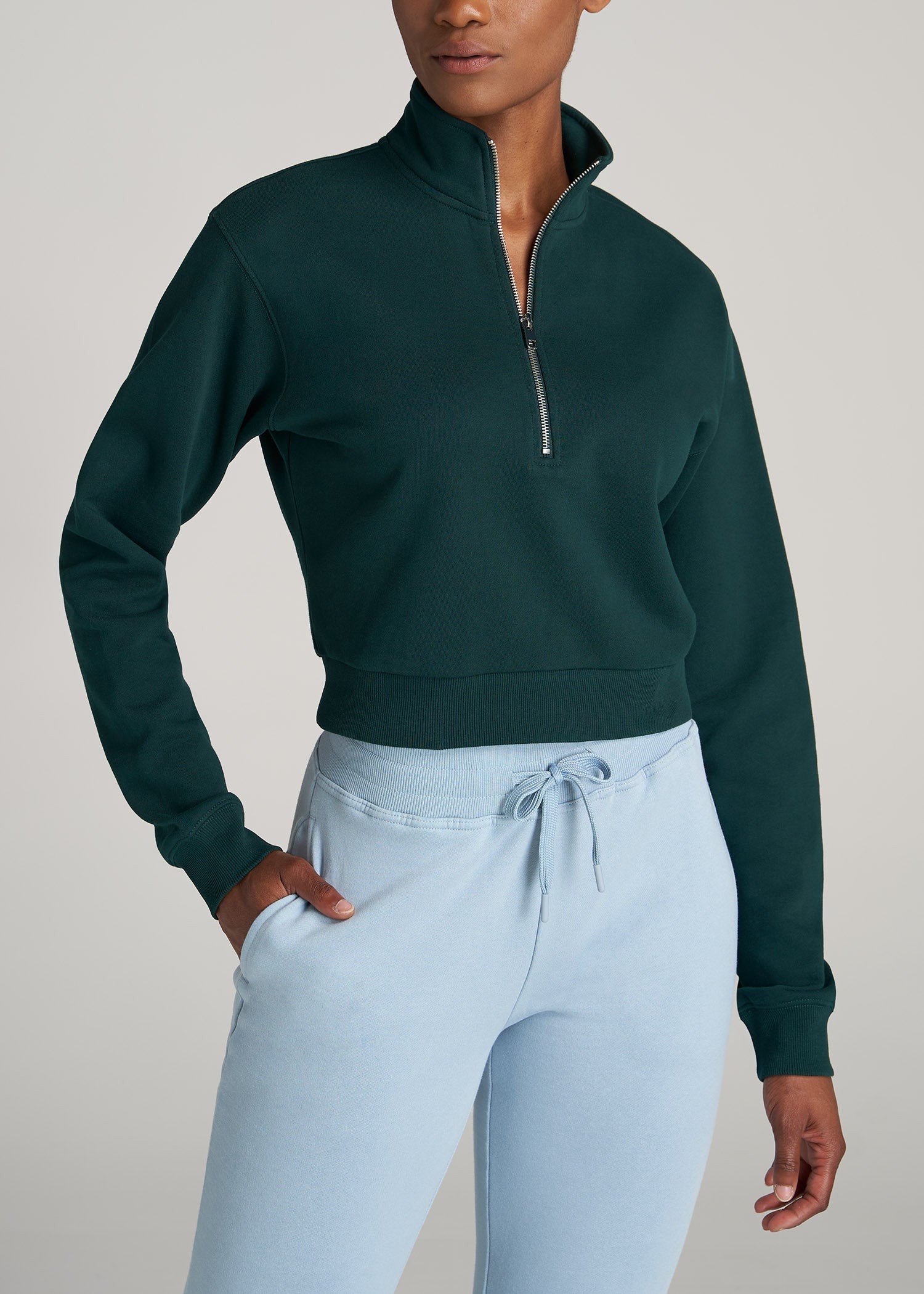 Wearever Fleece Cropped Garment Dye Half Zip Women's Tall Sweatshirt in  Emerald