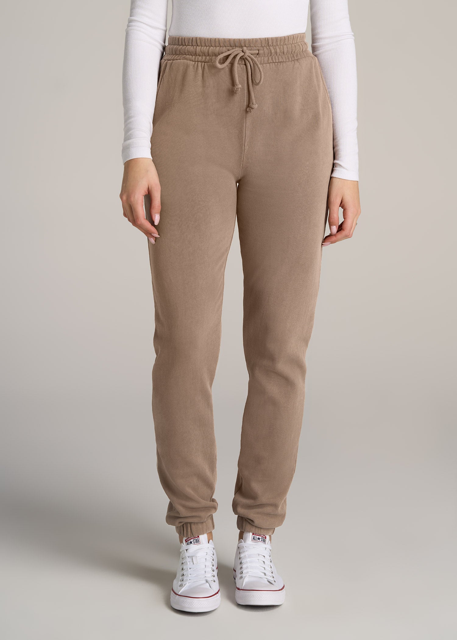 American-Tall-Women-Wearever-SLIM-High-Waisted-Garment-Dye-Sweatpants-Latte-front