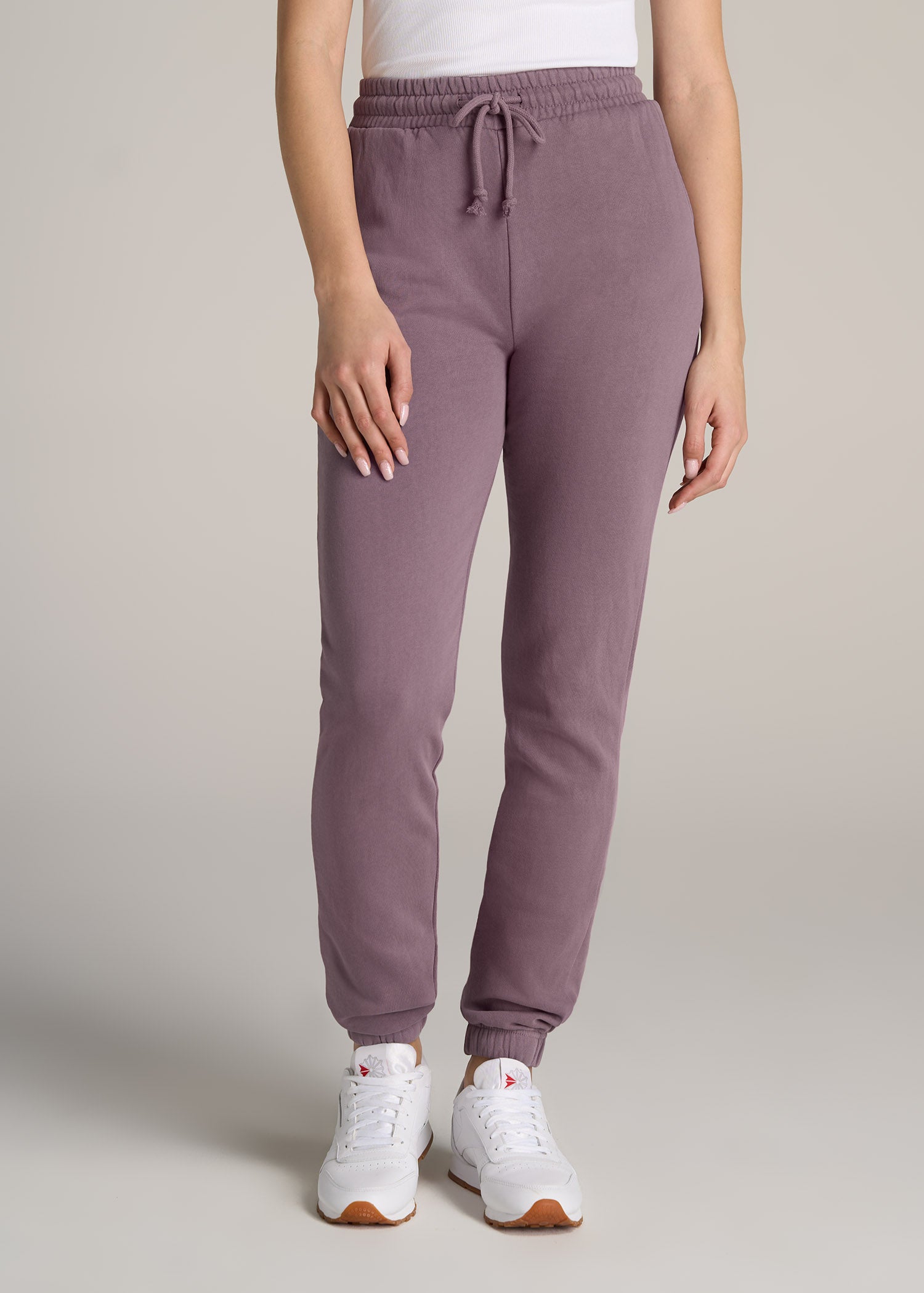 http://americantall.com/cdn/shop/products/American-Tall-Women-Wearever-SLIM-High-Waisted-Garment-Dye-Sweatpants-Smoked-Mauve-front.jpg?v=1668783704