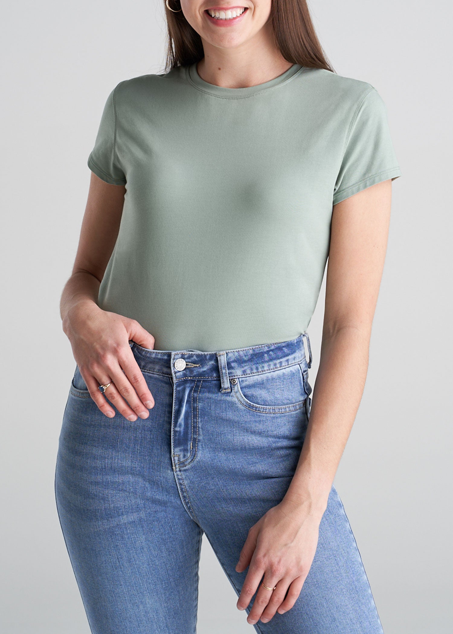 Women's Sage Green T-shirt: High Crew Neck Cap Sleeve