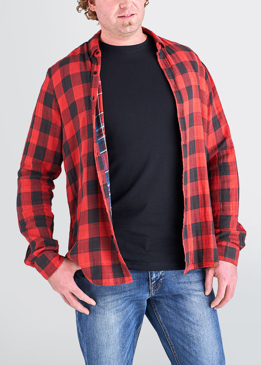 Double-Weave Button-Up Shirt for Tall Men in Red & Black Plaid