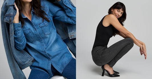 Close up of tall women's denim shirt. Tall woman crouching in long inseam denim jeans - American Tall