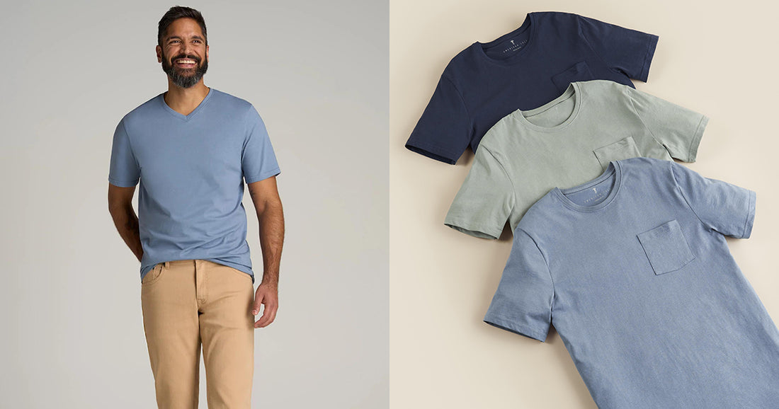 Split image - left: tall man wearing blue t-shirt and khaki pants. Right side: three tees laid out overlapping 