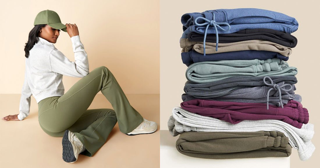 American Tall woman seated on the floor wearing green yoga pants. Pile of athletic tall clothing.