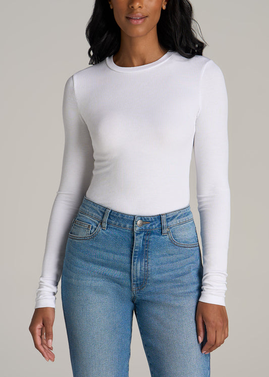 FITTED Ribbed Long Sleeve Tee in White - Tall Women's Shirts