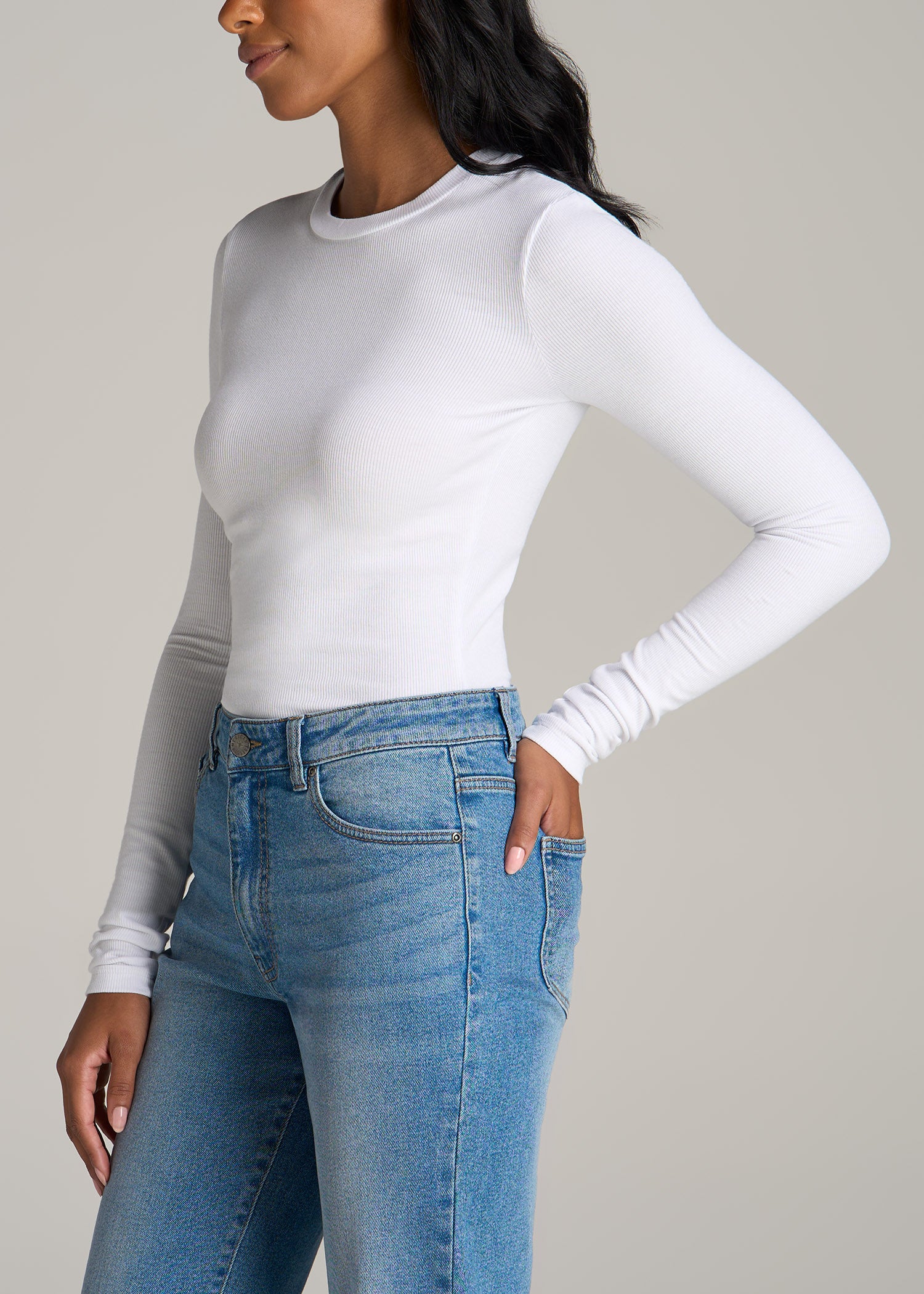 Soft Ribbed Fitted Crew Neck Long Sleeved T-Shirt