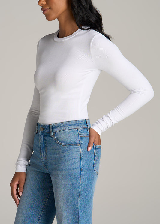 FITTED Ribbed Long Sleeve Tee in White - Tall Women's Shirts