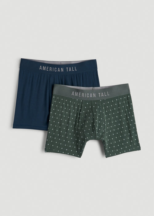Micro Modal Boxer Briefs for Tall Men in Dark Green Geo & Bright Navy