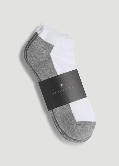 3-Pack Ankle Socks for Tall Men in White with Grey