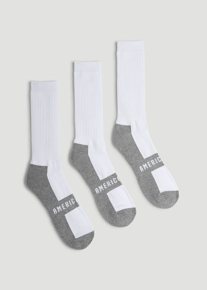 3-Pack Crew Socks for Tall Men in White with Grey