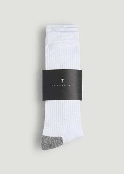 3-Pack Crew Socks for Tall Men in White with Grey