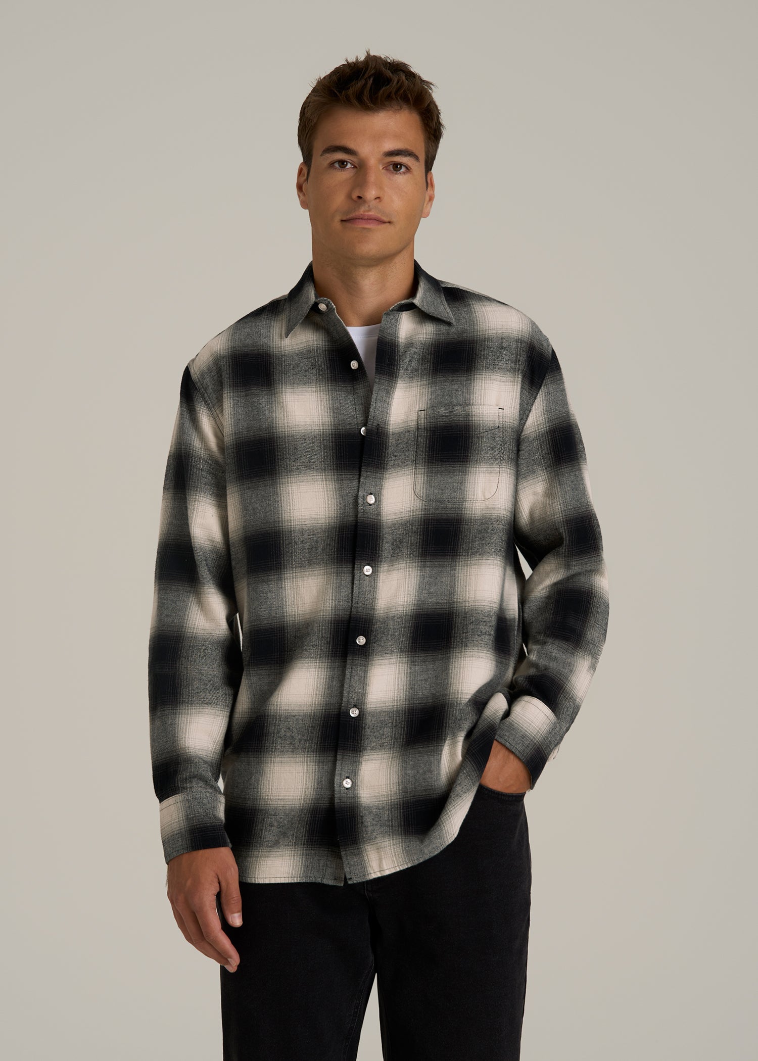 Nelson Flannel Shirt for Tall Men in Beige Blur Plaid