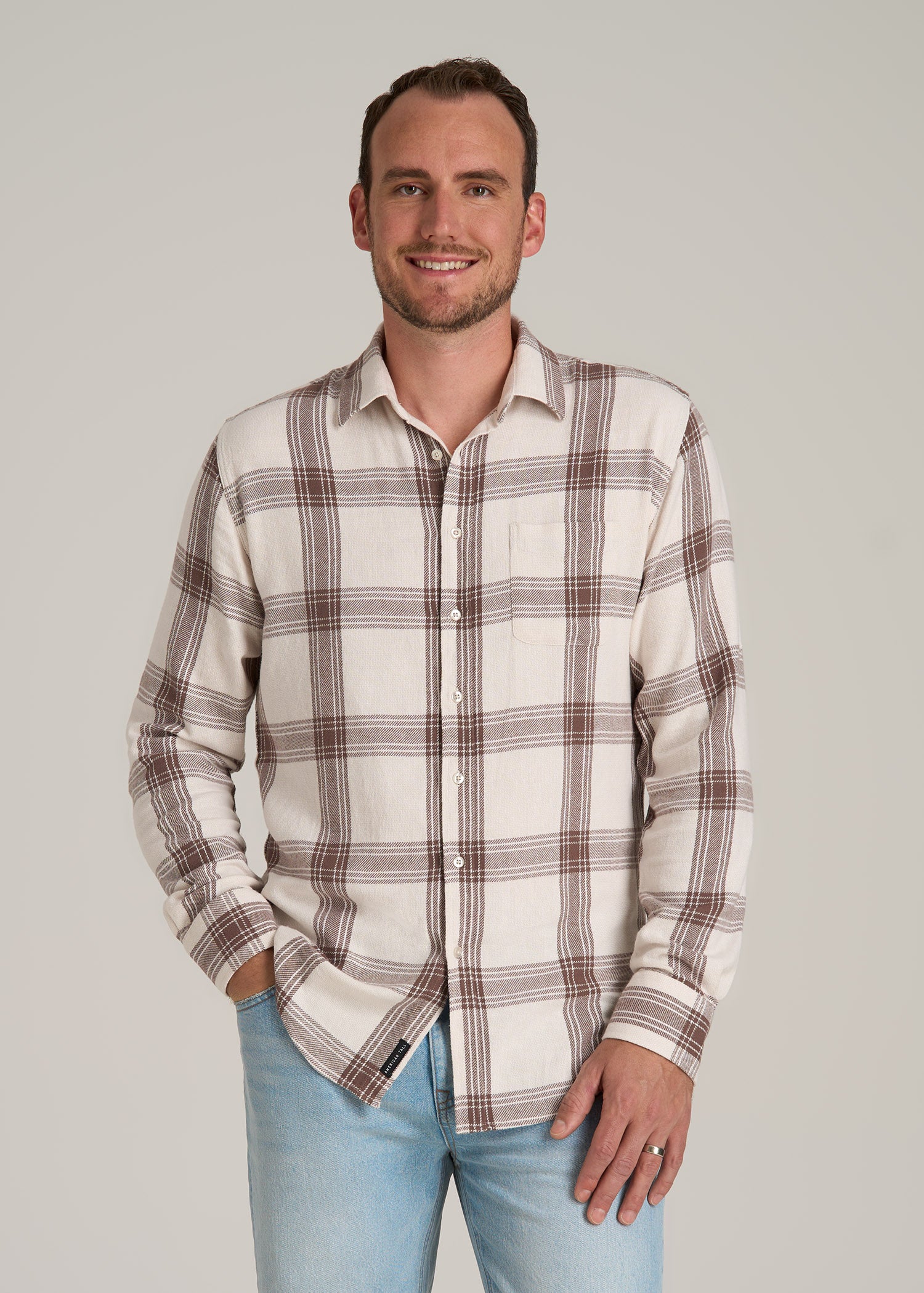 Nelson Flannel Shirt for Tall Men in Beige Plaid