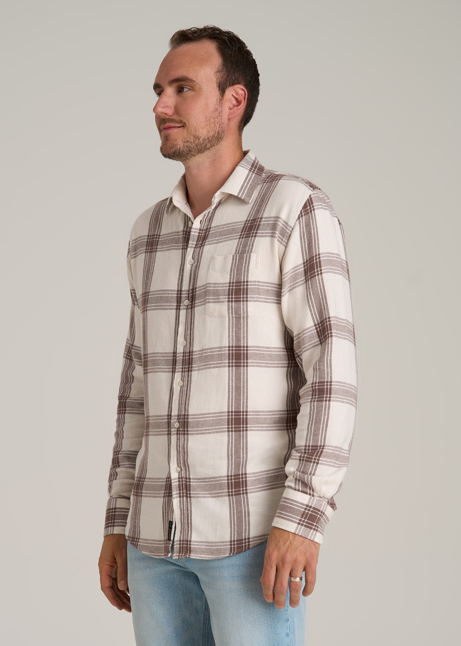 Nelson Flannel Shirt for Tall Men in Beige Plaid