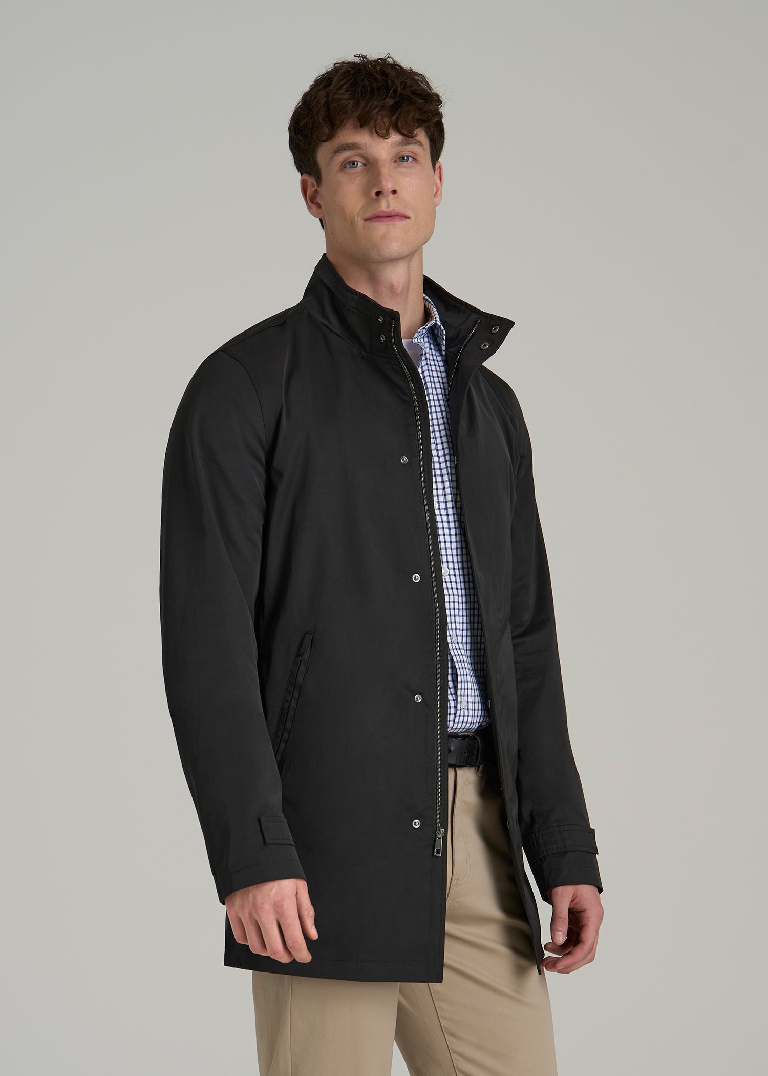 Zip Trench Coat for Tall Men in Black