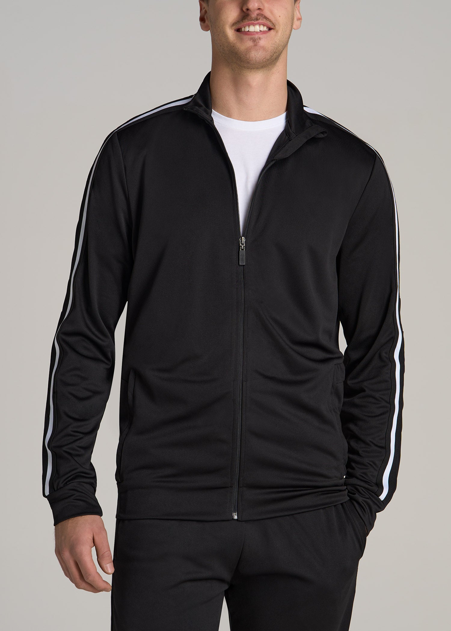 Tall Men's Athletic Black Jacket With White Stripes | American Tall