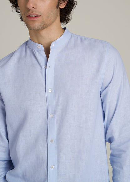 Band Collar Linen Button Shirt for Tall Men in Airy Blue