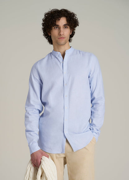 Band Collar Linen Button Shirt for Tall Men in Airy Blue